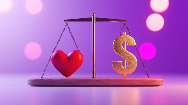 A visual representation of the balance between love and money in modern society.