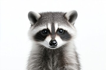 Obraz premium Close-up portrait of a raccoon with detailed fur on a white background. Wildlife photography