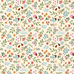 Seamless Watercolor Wildflower Pattern with Ladybugs