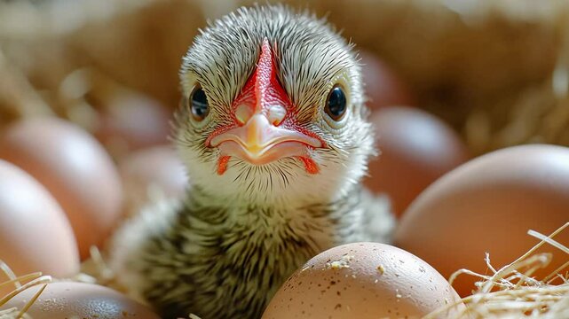 Newborn turkey chicks rest in a cozy nest surrounded by eggs. This charming moment captures the essence of farm life and the beginning of their journey in the poultry industry.
