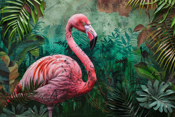 Fototapeta premium Pink flamingos, exotic birds, tropical palm leaves, trees, jungle leaves background