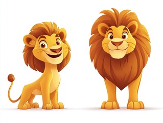 Fototapeta premium A stylized cartoon lion with a soft, round body and a cheerful expression, its golden fur standing out against a crisp white background, vector illustration. 