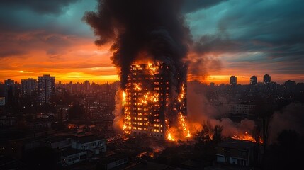 Fototapeta premium High-rise building engulfed in flames during sunset in an urban area