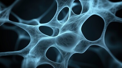 Blue organic mesh structure resembling neural network or microscopic tissue. Biotech and medical research