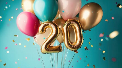 Gold foil balloons, number 20, vibrant celebration, birthday party, festive decorations, colorful balloons, confetti backdrop, fun and joy, special occasion.