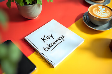 Notepad with "key takeaways" coffee cup, and cellphone