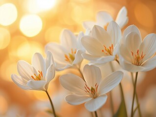Soft White Lily Flowers Glowing in Warm Golden Sunset Light with Bokeh Background
