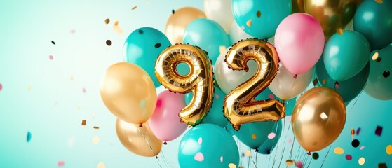 Gold and pastel balloons with number 92, birthday celebration decorations, festive party theme, colorful confetti, joyful moment, special occasion, cheerful atmosphere.