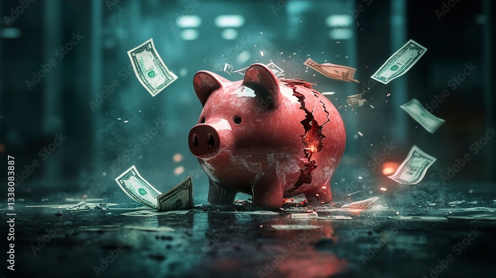 Aufkleber a symbolic image of a broken piggy bank on a dark surface, with dollar bills floating around, emphas