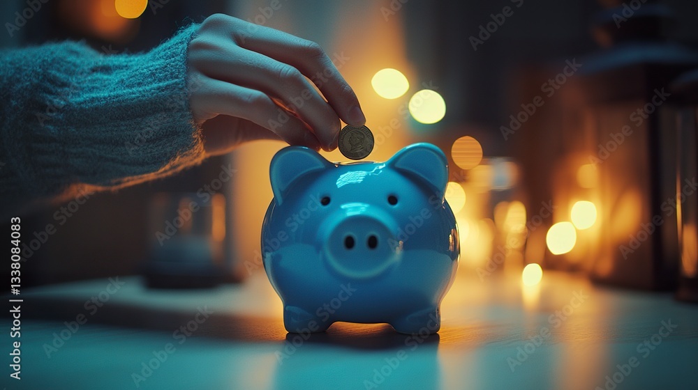 Poster a symbolic image of a man hand placing a coin into a blue piggy bank, with soft lighting emphasizing