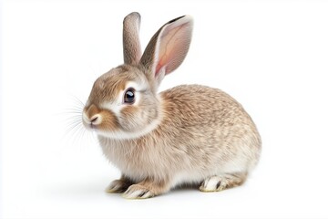 Fototapeta premium Light brown rabbit with large ears sitting on a white background. Pet photography