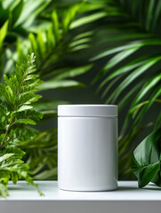 sleek white container surrounded by lush green foliage, perfect for commercial, product