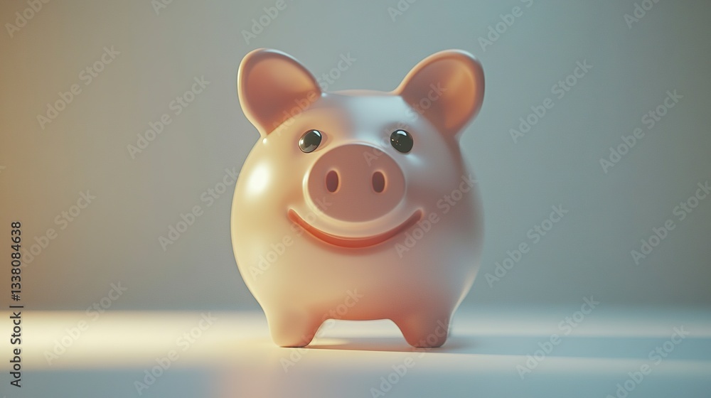 Poster a symbolic piggy bank with a friendly expression, its rounded form beautifully highlighted by soft l