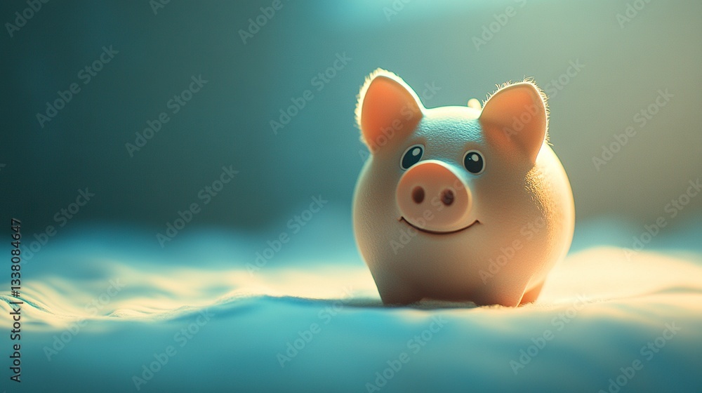 Poster a symbolic piggy bank with a friendly expression, its rounded form beautifully highlighted by soft l
