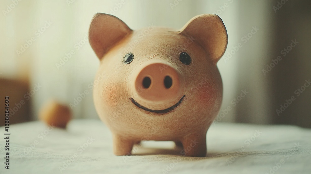 Poster a symbolic piggy bank with a friendly expression, its rounded form beautifully highlighted by soft l