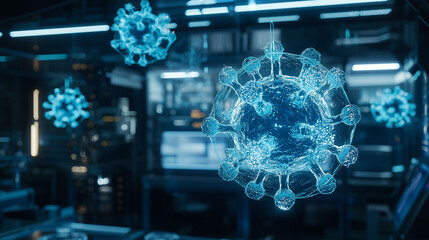 Digital futuristic illustration of virus research with glowing holographic virus models in a high-tech laboratory environment. Perfect for medical, biotech, and sci-fi concepts.