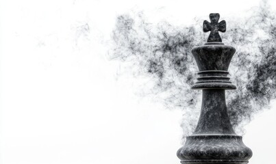 Fototapeta premium Black king chess piece with dark smoke on white background
