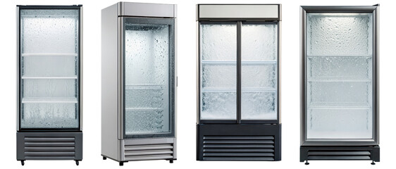 Four commercial display refrigerators on a transparent background