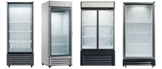 Four commercial display refrigerators on a transparent background