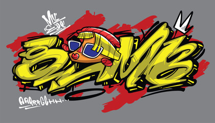 BOMB A vibrant and detailed graffiti-style illustration featuring a cool street art character wearing a snapback, hoodie, and sunglasses. The bold colors and urban aesthetic make this vector artwork p