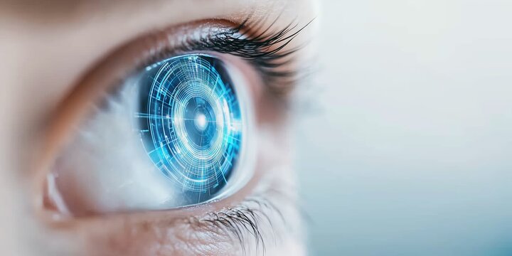 Human eye with digital futuristic interface effect. Concept of biometrics, AI, and cyber security