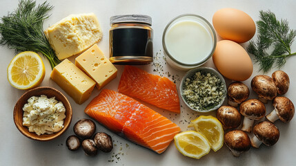 Vitamin D rich foods with salmon, eggs, cheese, mushrooms, and dairy