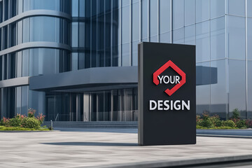 Naklejka premium modern facade sign showcasing sleek design in front of contemporary building, conveying professionalism and creativity