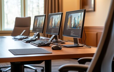 Three computer monitors on a desk alongside a keyboard and mouse create a modern workstation setup.