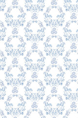 Blue flowers and leaves, floral wreath on seamless pattern. Ornament in Russian style isolated on white background. Watercolor digital illustration. Folk traditional Slavic floral motif.