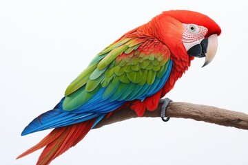 Fototapeta premium Scarlet macaw parrot perched on branch with colorful plumage. Vibrant tropical bird.