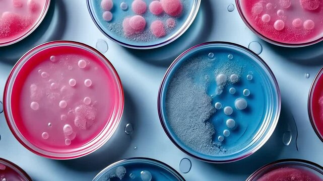 Bright petri dishes with liquid cultures, blue and pink hues. Bubbles, droplets, microbiological engaging, lab setting