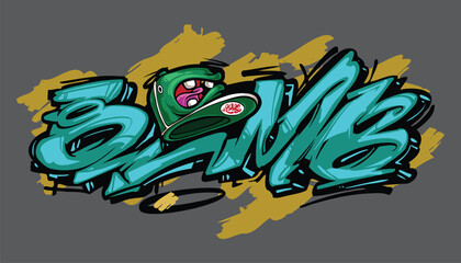 BOMB A vibrant and detailed graffiti-style illustration featuring a cool street art character wearing a snapback, hoodie, and sunglasses. The bold colors and urban aesthetic make this vector artwork p