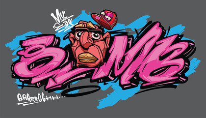 BOMB A vibrant and detailed graffiti-style illustration featuring a cool street art character wearing a snapback, hoodie, and sunglasses. The bold colors and urban aesthetic make this vector artwork p