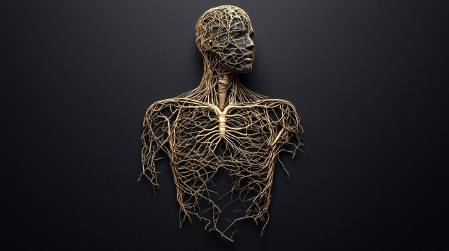 Surreal human figure made of intertwined roots against a dark background. Connection between nature and humanity