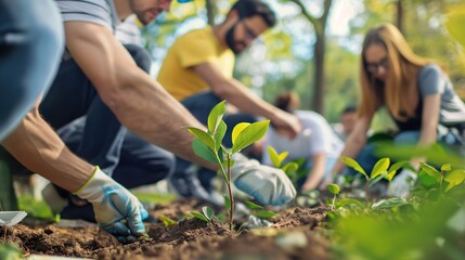 A diverse group of volunteers and business professionals working together on environmental conservation for World Environment Day, planting trees to promote sustainability and community cooperation.