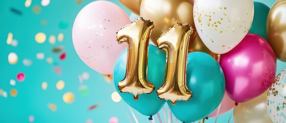 Colorful party balloons with golden number 11, vibrant celebration backdrop, confetti, birthday decorations, festive atmosphere, joyful moments, party planning.