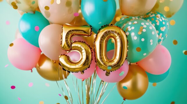 Colorful party balloons with gold number 50, vibrant celebration background, birthday party decor, milestone anniversary, festive atmosphere, joyful event, party supplies.