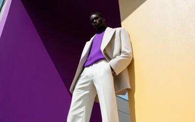Man in white suit and purple shirt leans against a wall, exuding confidence and style.