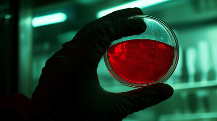 Scientist in biohazard protective suit handling a dangerous virus sample inside a secure laboratory. High-risk microbiology and virology concept.