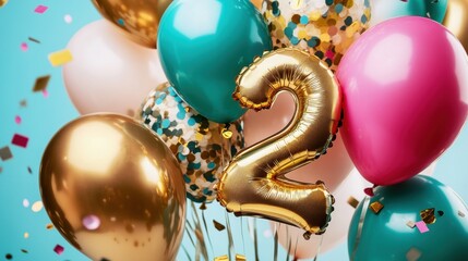 Colorful party balloons with gold number 2, birthday celebration, festive decorations, party supplies, childrens party, joyful moments, fun atmosphere, event planning.