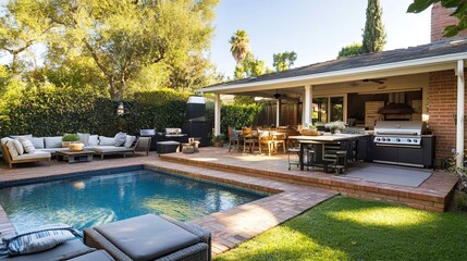 A backyard with a pool, barbecue grill, and a seating area for a family gathering pic