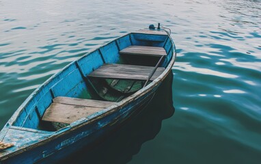 Obraz premium A small blue boat floats peacefully on the water's surface.