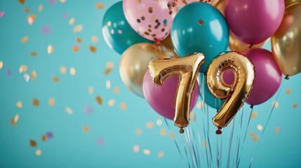 Colorful helium balloons with gold number 79, festive celebration, confetti falling, birthday party decor, joyful atmosphere, event planning, party supplies.