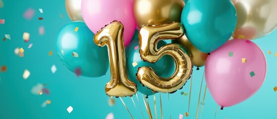 Colorful helium balloons with gold number 15, festive celebration decor, birthday party, cheerful atmosphere, anniversary, shiny party accessories, vibrant colors.