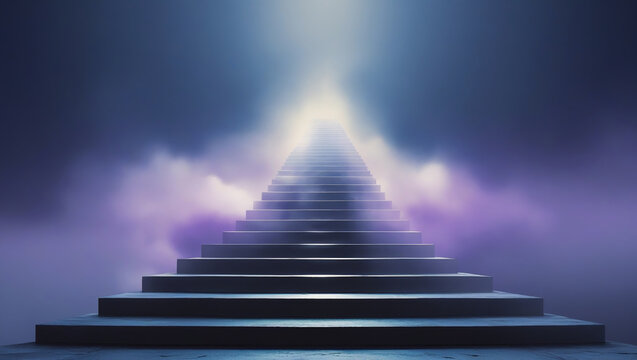 Upward Staircase Fading into Mist, Representing Endless Journey and Unknowable Destiny