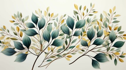 A painting of a tree with green leaves and yellow leaves