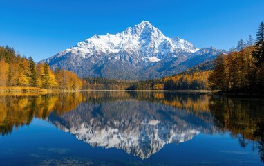Scenic mountains reflected in a serene lake surrounded by trees under a clear blue sky.