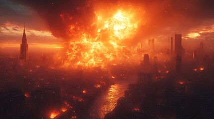 Fototapeta premium Hellish Firestorm Engulfing Metropolis as Shockwave Crumbles Towering Skyscrapers Illustration