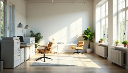 Bright, airy loft office with natural light Minimalist aesthetic, high ceilings , industrial, grey