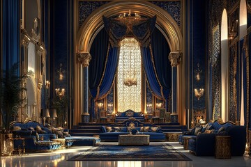 Obraz premium Opulent interior with royal blue drapes and gilded accents evokes luxury